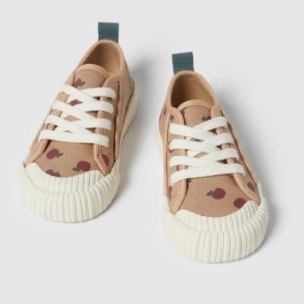 Zara Beige Tan Sneakers with White Soles and Maroon Cherry Accents